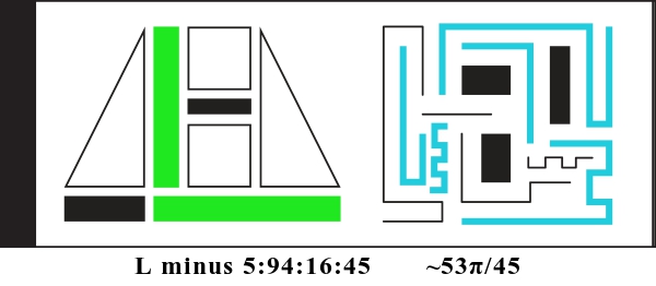 Graphic showing L minus 5:94:16:45 and about 53 pi divided by 45. There are two alien glyphs with colored parts indicating a binary display. The first glyph is made of triangles, rectangles, and squares. It currently reads: 010001. The second glyph is made of bent lines and currently reads: 101010110.