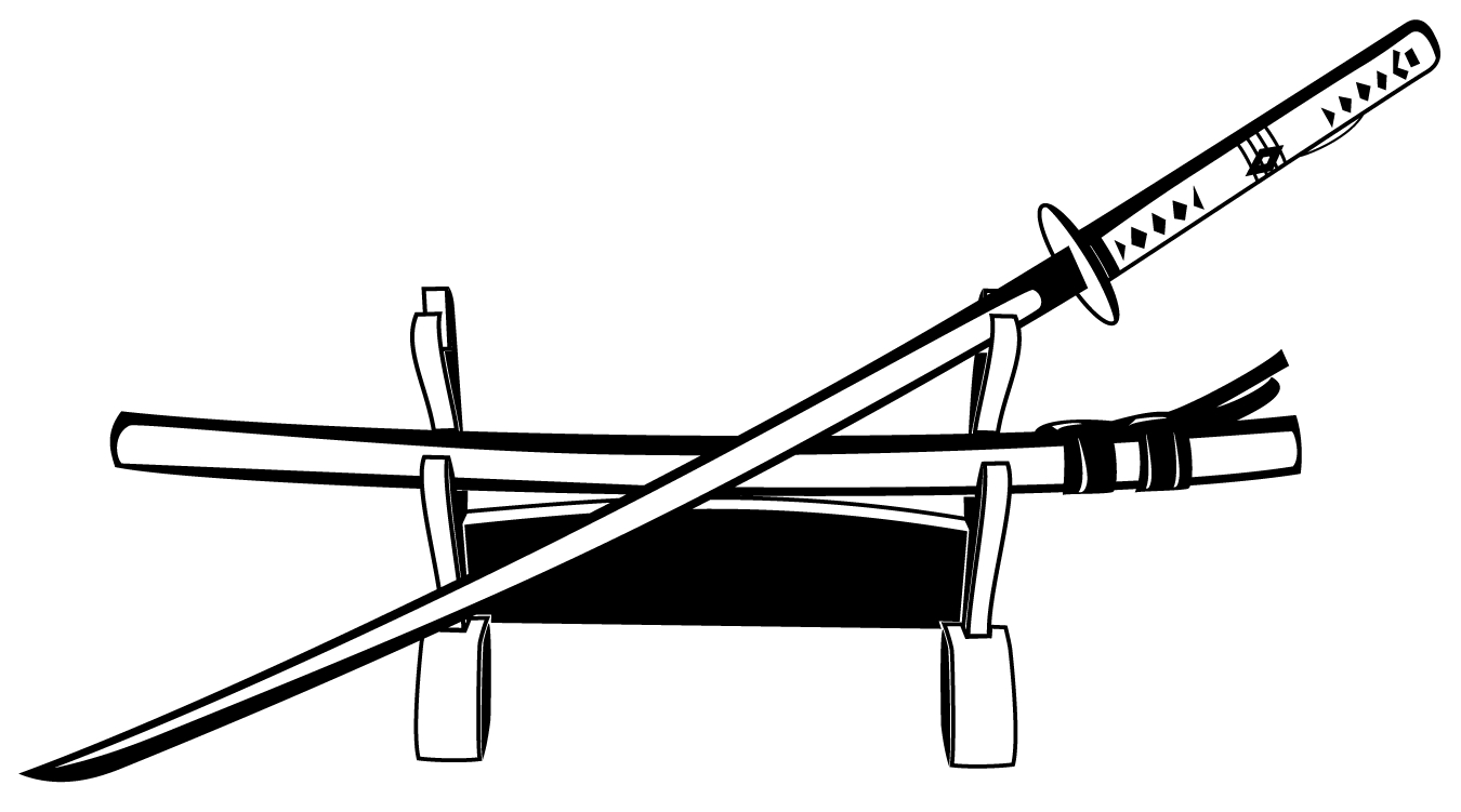 Illustration of a katana on a display rack. The sword is angled in front of its sheath.