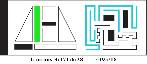 Graphic showing L minus 3:171:6:38 and about 19 pi divided by 18. There are two alien glyphs with colored parts indicating a binary display. The first glyph is made of triangles, rectangles, and squares. It currently reads: 010000. The second glyph is made of bent lines and currently reads: 000110110.