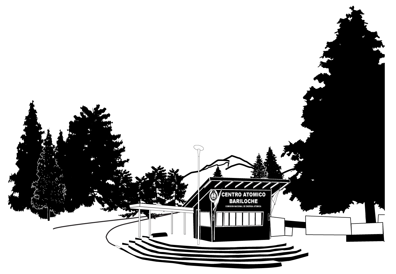 Illustration of the entrance to Instituto Balseiro. Steps lead up to a small building with a sign reading, 'Centro Atomico Bariloche, Comision Nacional de Energia Atomica'. A road winds around behind the building to the left. Evergreen trees decorate the near landscape, while in the far distance, a mountain can be seen.