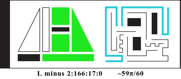 Graphic showing L minus 2:166:17:0 and about 59 pi divided by 60. There are two alien glyphs with colored parts indicating a binary display. The first glyph is made of triangles, rectangles, and squares. It currently reads: 001111. The second glyph is made of bent lines and currently reads: 000110000.