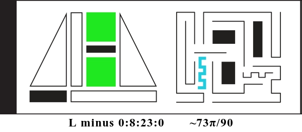 Graphic showing L minus 0:8:23:0 and about 73 pi divided by 90. There are two alien glyphs with colored parts indicating a binary display. The first glyph is made of triangles, rectangles, and squares. It currently reads: 001100. The second glyph is made of bent lines and currently reads: 100000000.