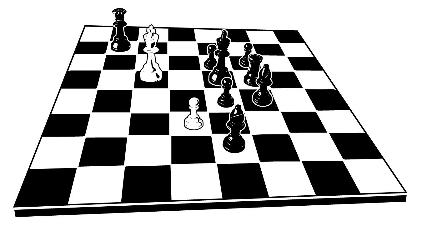 Illustration of a chess board. Black has 8 pieces, a queen, a rook, 2 bishops, 2 pawns, and king. White only has a pawn and its king. It is white's turn and the solitary pawn will checkmate the black king.