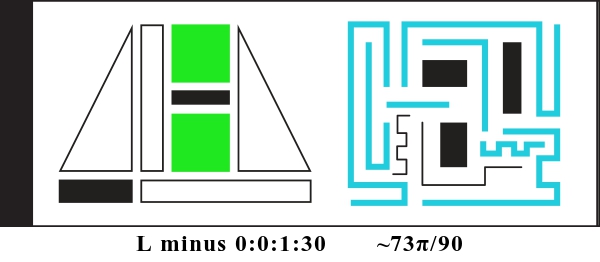 Graphic showing L minus 0:0:1:30 and about 73 pi divided by 90. There are two alien glyphs with colored parts indicating a binary display. The first glyph is made of triangles, rectangles, and squares. It currently reads: 001100. The second glyph is made of bent lines and currently reads: 011110111.