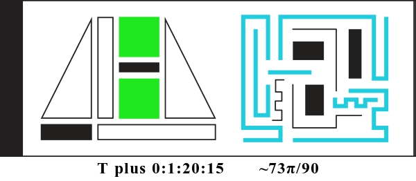 Graphic showing T plus 0:1:20:15 and about 73 pi divided by 90. There are two alien glyphs with colored parts indicating a binary display. The first glyph is made of triangles, rectangles, and squares. It currently reads: 001100. The second glyph is made of bent lines and currently reads: 011110101.