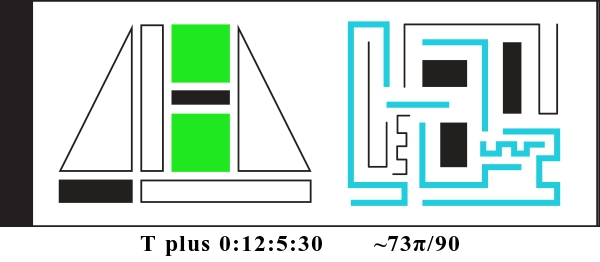 Graphic showing T plus 0:12:5:30 and about 131 pi divided by 180. There are two alien glyphs with colored parts indicating a binary display. The first glyph is made of triangles, rectangles, and squares. It currently reads: 001100. The second glyph is made of bent lines and currently reads: 011101011.