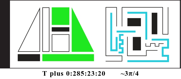 Graphic showing T plus 0:285:23:20 and about 3 pi divided by 4. There are two alien glyphs with colored parts indicating a binary display. The first glyph is made of triangles, rectangles, and squares. It currently reads: 001011. The second glyph is made of bent lines and currently reads: 101000111.