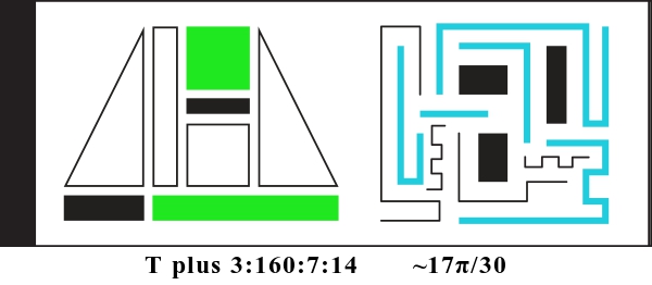 Graphic showing T plus 3:160:7:14 and about 17 pi divided by 30. There are two alien glyphs with colored parts indicating a binary display. The first glyph is made of triangles, rectangles, and squares. It currently reads: 001001. The second glyph is made of bent lines and currently reads: 001010111.