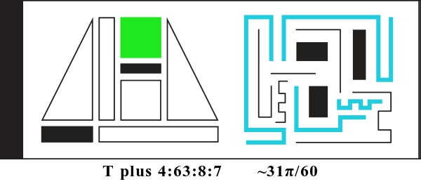 Graphic showing T plus 4:63:8:7 and about 31 pi divided by 60. There are two alien glyphs with colored parts indicating a binary display. The first glyph is made of triangles, rectangles, and squares. It currently reads: 001000. The second glyph is made of bent lines and currently reads: 010111000.