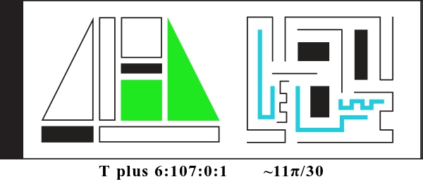 Graphic showing T plus 6:107:0:1 and about 11 pi divided by 30. There are two alien glyphs with colored parts indicating a binary display. The first glyph is made of triangles, rectangles, and squares. It currently reads: 000110. The second glyph is made of bent lines and currently reads: 010001100.