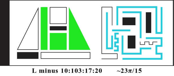 Graphic showing L minus 10:103:17:20 and about 23 pi divided by 15. There are two alien glyphs with colored parts indicating a binary display. The first glyph is made of triangles, rectangles, and squares. It currently reads: 010110. The second glyph is made of bent lines and currently reads: 101011111.