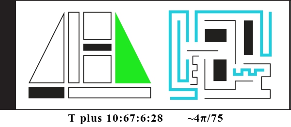 Graphic showing T plus 10:67:6:28 and about 4 pi divided by 75. There are two alien glyphs with colored parts indicating a binary display. The first glyph is made of triangles, rectangles, and squares. It currently reads: 000010. The second glyph is made of bent lines and currently reads: 010110100.