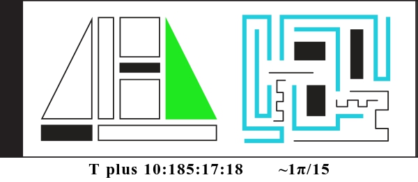 Graphic showing T plus 10:185:17:18 and about 1 pi divided by 15. There are two alien glyphs with colored parts indicating a binary display. The first glyph is made of triangles, rectangles, and squares. It currently reads: 000010. The second glyph is made of bent lines and currently reads: 000111110.