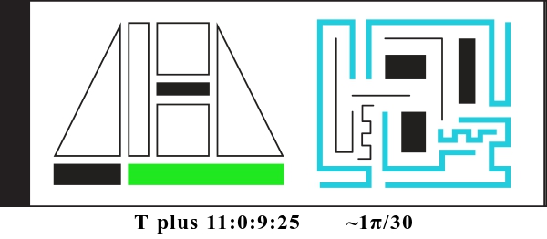 Graphic showing T plus 11:0:9:25 and about 1 pi divided by 30. There are two alien glyphs with colored parts indicating a binary display. The first glyph is made of triangles, rectangles, and squares. It currently reads: 000001. The second glyph is made of bent lines and currently reads: 011111000.