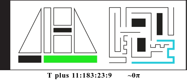 Graphic showing T plus 11:183:23:9 and about 0 pi. There are two alien glyphs with colored parts indicating a binary display. The first glyph is made of triangles, rectangles, and squares. It currently reads: 000001. The second glyph is made of bent lines and currently reads: 001000000.