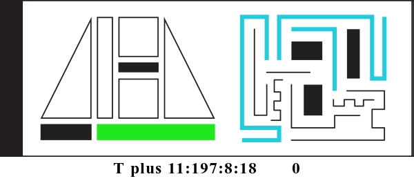 Graphic showing T plus 11:197:8:18 and 0. There are two alien glyphs with colored parts indicating a binary display. The first glyph is made of triangles, rectangles, and squares. It currently reads: 000001. The second glyph is made of bent lines and currently reads: 000110010.