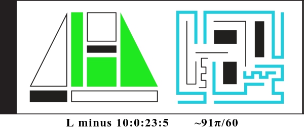 Graphic showing L minus 10:0:23:5 and about 91 pi divided by 60. There are two alien glyphs with colored parts indicating a binary display. The first glyph is made of triangles, rectangles, and squares. It currently reads: 010110. The second glyph is made of bent lines and currently reads: 011111000.