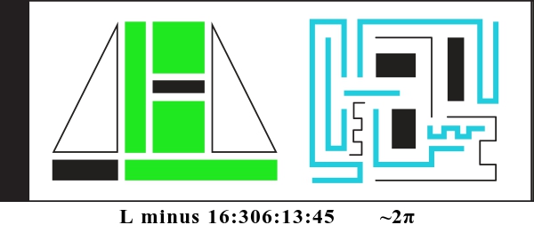 Graphic showing L minus 16:306:13:45 and about 2 pi. There are two alien glyphs with colored parts indicating a binary display. The first glyph is made of triangles, rectangles, and squares. It currently reads: 011101. The second glyph is made of bent lines and currently reads: 010111101.