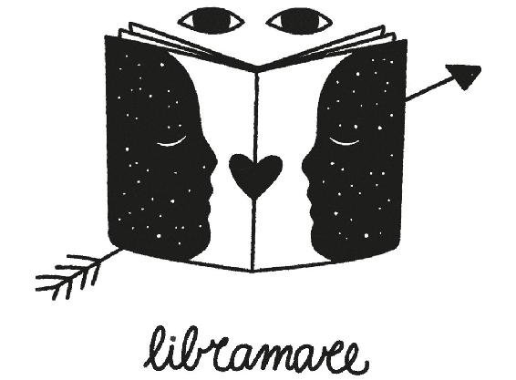 Libramare. Immagine. due occhi sono intenti nella lettura di un libro attraversato da una freccia. La copertina mostra due volti affrontati e un cuore al centro