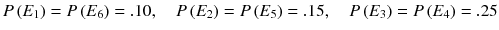 
$$ P\left({E}_1\right)= P\left({E}_6\right)=.10,\kern1em P\left({E}_2\right)= P\left({E}_5\right)=.15,\kern1em P\left({E}_3\right)= P\left({E}_4\right)=.25 $$
