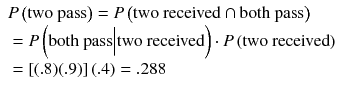 
$$ \begin{array}{l} P\left(\mathrm{two}\ \mathrm{pass}\right)= P\left(\mathrm{two}\ \mathrm{received}\cap \mathrm{both}\ \mathrm{pass}\right)\hfill \\ {}= P\left(\mathrm{both}\ \mathrm{pass}\Big|\mathrm{two}\ \mathrm{received}\right)\cdot P\left(\mathrm{two}\ \mathrm{received}\right)\hfill \\ {}=\left[(.8)(.9)\right](.4)=.288\hfill \end{array} $$
