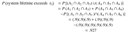 
$$ \begin{array}{rcl} P\left(\mathrm{system}\ \mathrm{lifetime}\ \mathrm{exceeds}\kern0.5em {t}_0\right) &= P\left[\left({A}_1\cap {A}_2\cap {A}_3\right)\cup \right({A}_4\cap {A}_5\cap {A}_6\left)\right]\hfill \\ {} &= P\left({A}_1\cap {A}_2\cap {A}_3\right)+ P\left({A}_4\cap {A}_5\cap {A}_6\right)\hfill \\ {}\hfill & \quad - P\left[\right({A}_1\cap {A}_2\cap {A}_3\left)\cap \right({A}_4\cap {A}_5\cap {A}_6\left)\right]\hfill \\ {} &= (.9)(.9)(.9)+(.9)(.9)(.9)\hfill \\ {} \hfill & \quad - (.9)(.9)(.9)(.9)(.9)(.9) \hfill \\ {} &= .927\hfill \end{array} $$
