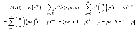 
$$ \begin{array}{c}\hfill {M}_X(t)= E\left({e}^{t X}\right)={\displaystyle \sum_{x\kern2pt \in \kern2.5pt D}{e}^{t x} b\left( x; n, p\right)}={\displaystyle \sum_{x=0}^n{e}^{t x}\left(\begin{array}{c}\hfill n\hfill \\ {}\hfill x\hfill \end{array}\right){p}^x{\left(1- p\right)}^{n- x}}\hfill \\ {}\hfill ={\displaystyle \sum_{x=0}^n\left(\begin{array}{c}\hfill n\hfill \\ {}\hfill x\hfill \end{array}\right){\left( p{e}^t\right)}^x{\left(1- p\right)}^{n- x}}={\left( p{e}^t+1- p\right)}^n\kern1em \left[ a={ p e}^t, b=1- p\right]\hfill \end{array} $$
