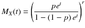
$$ {M}_X(t)={\left(\frac{p{ e}^t}{1-\left(1- p\right){e}^t}\right)}^r $$
