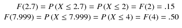 
$$ \begin{array}{c}\hfill F(2.7)= P\left( X\le 2.7\right)= P\left( X\le 2\right)= F(2)=.15\hfill \\ {}\hfill F(7.999)= P\left( X\le 7.999\right)= P\left( X\le 4\right)= F(4)=.50\hfill \end{array} $$
