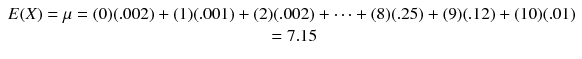 
$$ \begin{array}{c}\hfill E(X)=\mu =(0)(.002)+(1)(.001)+(2)(.002)+\cdots +(8)(.25)+(9)(.12)+(10)(.01)\hfill \\ {}=7.15\hfill \end{array} $$
