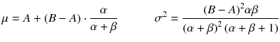 
$$ \mu = A+\left( B- A\right)\cdot \frac{\alpha}{\alpha +\beta}\kern3em {\sigma}^2=\frac{{\left( B- A\right)}^2\alpha \beta}{{\left(\alpha +\beta \right)}^2\left(\alpha +\beta +1\right)} $$
