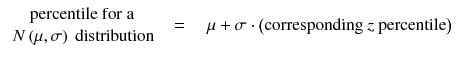 
$$ \begin{array}{cc}\hfill \begin{array}{l}\kern1em \mathrm{percentile}\ \mathrm{for}\ \mathrm{a}\\ {} N\left(\mu, \sigma \right)\ \mathrm{distribution}\end{array}\hfill & \hfill \begin{array}{cc}\hfill =\kern1em \mu +\sigma \cdot \left(\mathrm{corresponding}\ z\ \mathrm{percentile}\right)\hfill & \hfill \hfill \end{array}\hfill \end{array} $$
