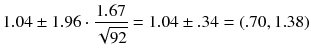 
$$ 1.04\pm 1.96\cdot \frac{1.67}{\sqrt{92}}=1.04\pm .34=\left(.70,1.38\right) $$
