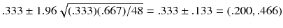 
$$ .333\pm 1.96\sqrt{(.333)(.667)/48}=.333\pm .133=\left(.200,.466\right) $$
