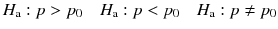 
$$ {H}_{\mathrm{a}}: p>{p}_0\kern1em {H}_{\mathrm{a}}: p<{p}_0\kern1em {H}_{\mathrm{a}}: p\ne {p}_0 $$
