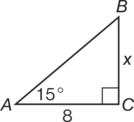 Right triangle ABC. Angle A is 15 degrees, side AC is 8, and side BC is X. 