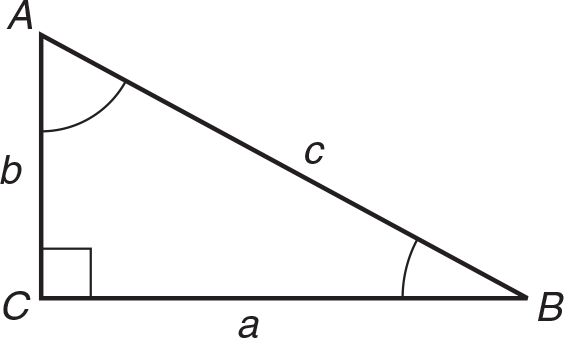 Right triangle ABC with congruent angles at A and B and sides a, b, c.