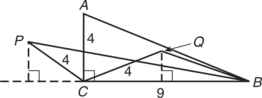 Right triangle ABC; side AC is 4 and side CB is 9. This contains inscribed triangle BQC, where side QC is 4 and side BC is 9. Also stretched triangle BPC that stars inside right triangle and expands out. Side PC is 4 with side CB is 9. Dotted line from point P down to base line results in 90 degree angle. 