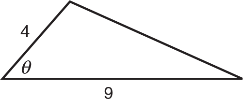 Triangle with a base of 9, left side of 4, and left angle is theta degrees. 