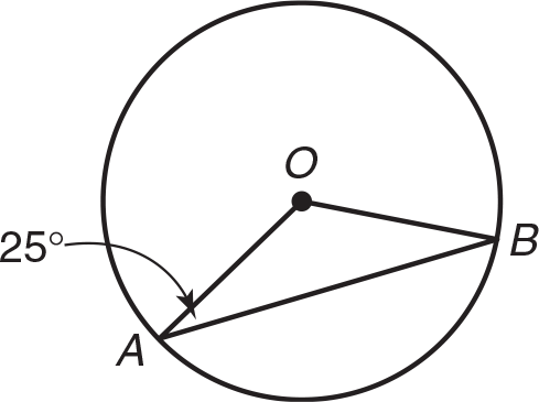 Circle with center O and radii AO and BO, with line AB forming triangle AOB. Measure of angle OAB is 25 degrees. 