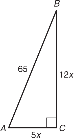 Right triangle ABC with right angle C. Side AB is 65, side AC is 5x, and side CB is 12x. 