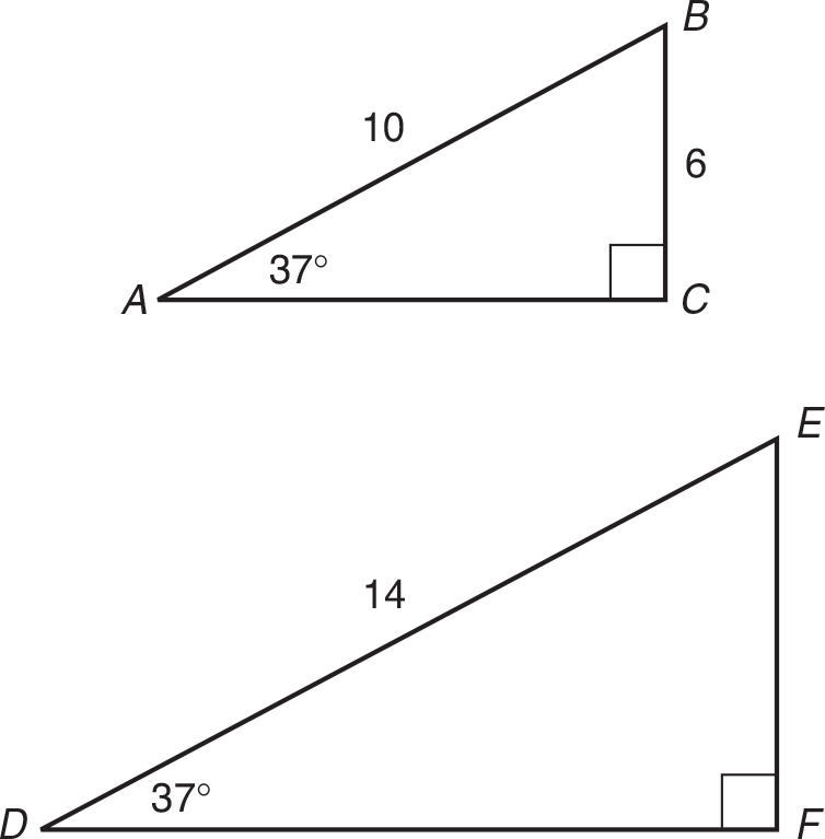 Smaller right triangle ABC above larger right triangle DEF. In triangle ABC, AB is 10, angle A is 37 degrees, c is a right angle, and BC is 6. In triangle DEF, DE is 14, angle D is 37 degrees, and F is 90 degrees. 