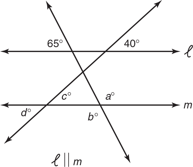 Parallel lines l and m are cut by two transversals. Line l is cut by the first transversal creating a 65-degree angle, and it is cut by the second transversal creating a 40-degree angle. For line m, the first transversal results in two opposite angles d and c, and the second transversal results in two opposite angles b and a. 