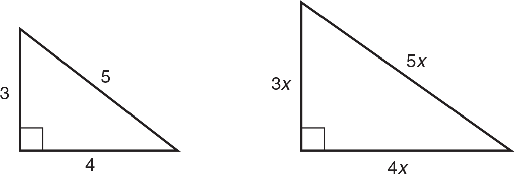 There are two right triangles where one is smaller than the other. The smaller triangle has sides 3-4-5, and the bigger triangle has sides 3x-4x-5x. 