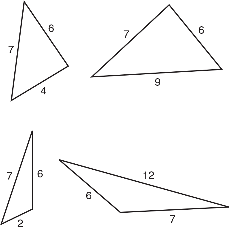 Four different triangles. The top right triangle has sides 7-6-4. The top left triangle has sides 7-6-9. The bottom right triangle has sides 7-6-2. The bottom right triangle has sides 7-6-12. 