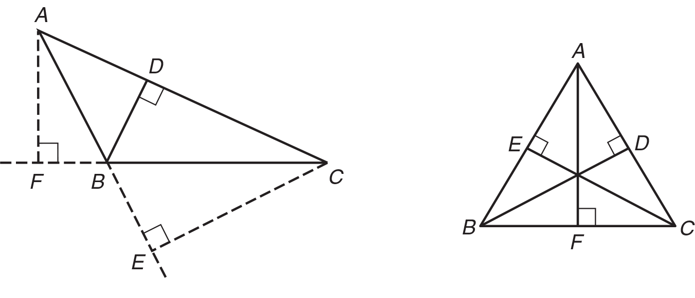 Two images. On the left is triangle ABC with perpendicular line BD. Dotted lines extent after Point B and point C to a perpendicular intersection at point E. Similarly, dotted lines extend after point B and Point A to a perpendicular intersection at point F. Second image shows triangle ABC with perpendicular lines CE, BD, and AF. These lines form 6 right triangles inside triangle ABC. 