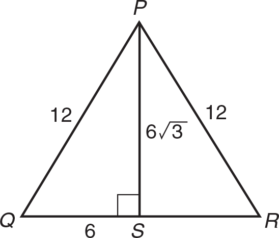 Triangle PQR with perpendicular line PS. The length of PS is 6 radical 3, the length of QP is 12, the length of PR is 12, and the length of QS is 6. 