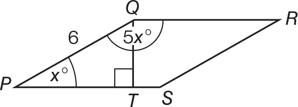 Rhombus PQRS, with height QT.  Angle PQR is 5x degrees, angle QPS is x degrees, and side PQ is 6.  