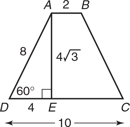 Trapezoid ABCD where AB is 2, DC is 10, DA is 8, and the measure of angle ADC is 60 degrees.  The height is shown with line AE , which is 4 radical 3. DE is 4. 