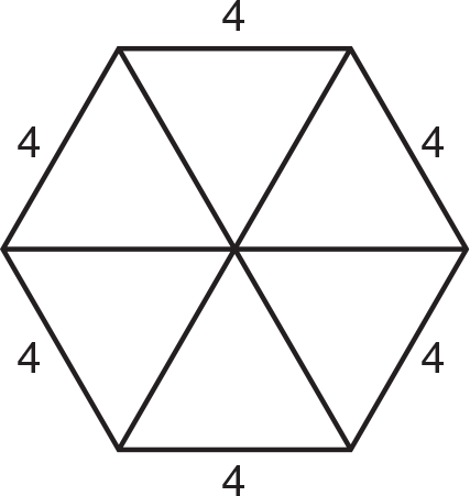 Hexagon with sides of 4 and 3 diagonals that create 6 triangles. 